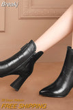 Black Thick High Heel Ankle Boots Women 2023 Pointed Toe Keep Warm Elegant Short Booties Ladies Ankle Buckle