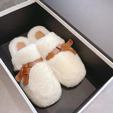 Round Toe Slippers Luxury Women Flat Feather Mules Shoes Winter Party Slides Comfort Fur Shoes Half