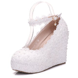 Queen Wedges Wedding Pumps Sweet White Flower Lace Pearl Platform Shoes Bride Dress High