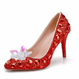 Quee Cinderella Glass Slipper With Money Pointed High-Heeled Fine With Rhinestone Sequins Bridesmaid Wedding