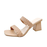 Women Slip-On Bohemia Weave OL Wear Pumps Sandals For Ladies White High Thick Heel Slippers Slides Shoes Plus Size