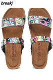 2023 Summer Women Beach Med Heel Cork Slippers Casual PU Leather Wedge Platform