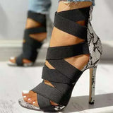 Mujer 2021 Women's Ladies Pumps Fashion Bandage Patchwork Mixed Colors Snake High Heels Sandals Casual