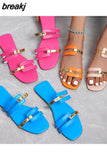 Women's Slippers 2023Summer Gold color Thin belt combination Square Head Flat Heel Female plus size outdoor beach women