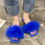 Blue Summer Flat Fur Slipper Women 2023 Soft Bottom Non Slip Slides Shoes Woman Fashion Square Toe Fluffy