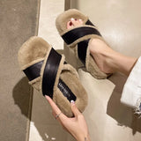 Winter Women Platform Fluffy Slipper Casual Fashion Cross Artificial Plush Inside Thick Sole Slides