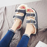 Unisex Plush Cork Slippers 2023 Women Casual Double Buckle Nubuck Leather Non-slip Men Outside Slides