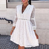Women Elegant Lace Embroidery Patchwork Party Dress Fashion Sexy V Neck Flared Sleeve Mini Dress Spring Lady Solid Loose