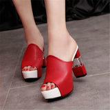 Ladies Leather Sole Slippers Women Sexy High Heel Mules Black Peep Toe Platform Mules Sandals