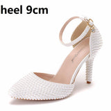 Queen Pointed Toe White Ivory Pearl Wedding Shoes Thin High Heels Pumps Bridal Ankle Strap Sandals Female Party