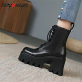 Goth Ankle Boots Women Black Chunky Wedge Platform Shoes Woman Lace Autumn Patent Leather Footwear Lady Botas