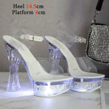 Glowing Sandals Women 2023 Summer New Flowers Transparent High Heels 14.5cm Platform Thick heel Ladies Banquet