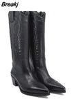 New Mid Heel Cowboy Boots for Women Pointed Toe Women's Shoes Embossing Suede Leather Shoes Mid-Calf Chunky Wedges