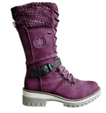 Women Winter Buckle Lace Knitted Mid-calf Boots Low Heel Round Toe Boots Top Quality Winter Warm Boots Women Botas De