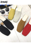 Women Mules Slippers Women Summer Flats Sandals Knit Fabric Stretch Slides Holiday Beach Shoes Square Heel Square Toe