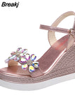 Female Fashion Flower Open Toe Sandals Dress Silver Sandals Women Rhinestone Wedges Platform Party Shoes