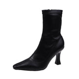 Fashion 2023 Solid Color Side Zipper High Heel Ankle Boots Thin Boots Pointed Thin Heel Ankle Boots Women's Shoes