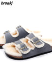 Unisex Plush Cork Slippers 2023 Women Casual Double Buckle Nubuck Leather Non-slip Men Outside Slides