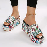 Print Chunky Platform Slippers Women Fashion Flower Thick Bottom Slides Woman Pu Leather Flip Flops Summer Female