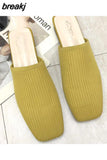 Women Mules Slippers Women Summer Flats Sandals Knit Fabric Stretch Slides Holiday Beach Shoes Square Heel Square Toe