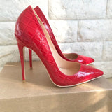 Red Crocodile-Effect Embossed Pattern Women Sexy Stiletto High Heels Shallow Cut Pointed Toe Slip On Pumps Party