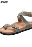2023 New Summer Women Cork Sandals Gladiator Beach Buckle Strap Solid Casual Outside Sandalias