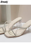 for Women 2023 Fashion Women's Sandals Summer Crystal Pvc Cross Strap Heeled Sandals Concise Square Toe High