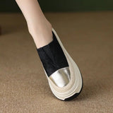 Fashion Horsehair Genuine Leather Leopard Round Toe Thick Bottom Sneakers Slip on Casual Women Vulcanized