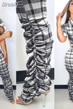 Plaid Print High Waisted Pants Casual Office Lady Trousers Slit Design Women Skinny Stacked Long Pants New 2023