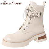 Women Genuine Leather Motorcycle Boots Platform Thick High Heel Lace Up Lady Shoes Zipper Ankle Boots 2021 Autumn