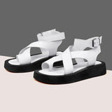 Women Sandals Genuine Leather 2023 Summer New Clip Toe Flats Shoes Gladiator Buckle Strap Muffin Sandals Casual Ladies