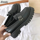 Solid Black PU Leather Loafers Zapatos De Mujer Dropshipping 2023 Casual Women Slip on Flats Round Toe Platform
