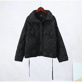 Old Pocket Checkered Cotton Jacket Female Casual Stand Collar Zipper Cotton-padded Thin Coat Female Restro