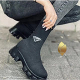 Knitting Boots Women's 202243 Large Size Thick Heel Solid Color Mid-tube Warm Elastic Flying Knitting Boots