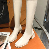 Winter Women Stretch High Boots Square Heel Soft Leather Ladies Knee-High Boots Female Casual Long
