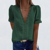 V-Neck Lace Shirt Blouse Spring Summer Short Sleeve Ladies Shirt Casual Women Solid Pullover Tops Blusa Streetwear