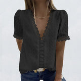 V-Neck Lace Shirt Blouse Spring Summer Short Sleeve Ladies Shirt Casual Women Solid Pullover Tops Blusa Streetwear
