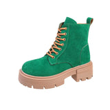 Women Autumn Winter Ankle Boots Classic British Style Leather Lace-up Fashion Short Boots Green Round Toe Botas