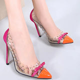 Sexy Women Pointed Toe Pumps Transparent Rivet Thin High Heel Lady Shoes Female Butterfly Bow Pumps For Work Big