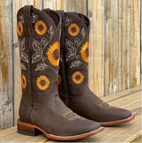 Women's Embroidered Boots Printed Glitter Western Cowgirl Boots Retro Toe Mid Calf Chunky Heel Boots Roman Style Botas
