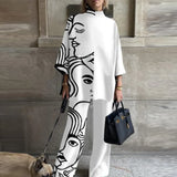 Lady Winter Knit 2pc Sets Fashion Gradient Print Turtleneck Pullover Top + Wide Leg Pant Suit Women Popular Casual Home