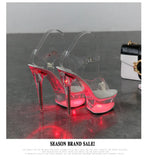 Breakj 34-43 Sexy Super High Heels Luminous Thin Heel Waterproof Platform Sandals Transparent Model Crystal Shoes Wedding