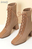Women's Square Toe Ankle Boots Autumn Winter Fashion Stitching Knitted Elastic Stockings Boots High-heeled Short