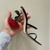 Rose Heels Strap Slippers Women Elegant Red Flowers High Heels Sandals 2022 Summer French Ankle Wrap Open Toe