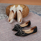 laides lace bow flats pointed toe crystal glitter decoration ballerinas shoes woman Wedding loafers big size 43