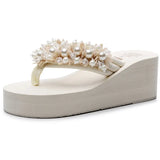 High Heel Women's Beaded Flip-flops Women's Non-slip Slope with Sandals and Slippers Wear Holiday Seaside Beach Shoes