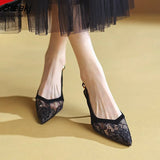 High Heel Women Summer Sandals Sexy Lace Pointed Toe Single Shoes Thin Heels Mesh