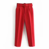 Solid Elegant Pencil Pants Women Business Suit Pants Female Pleated Lady Long Trousers With Belt Pantalones
