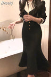 Black 2 Piece Dress Set Office Lady Long Sleeve Short Blazers + Elegant Slim Midi Skirt Woman Korean Suit 2023