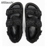 Summer Women Flat Sandals Luxury Black Crystal Buckle Thick Bottom Sandals Concise Designer Plus-size Woman Platform